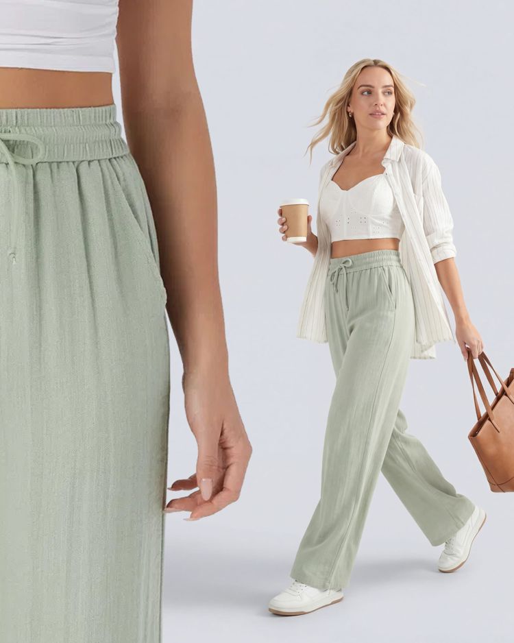 Linen-Feel High Waist Wide Leg Trousers