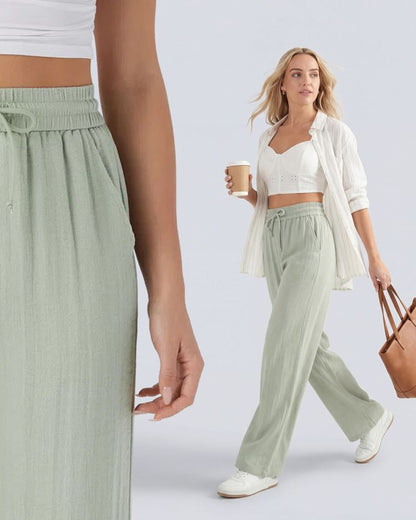 Linen-Feel High Waist Wide Leg Trousers